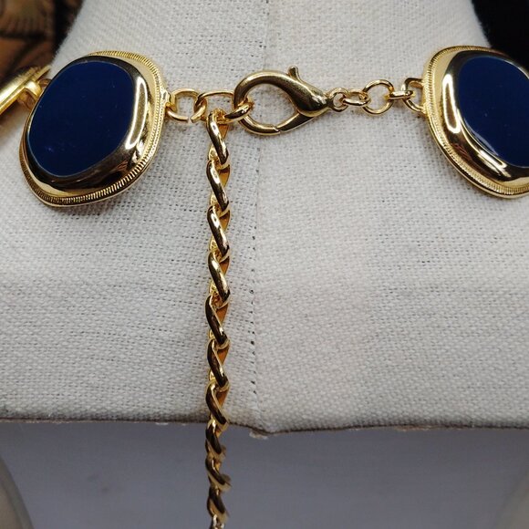 Vintage Gold Tone Navy Enamel Link Statement Necklace 1980s 1990s - Picture 2 of 8